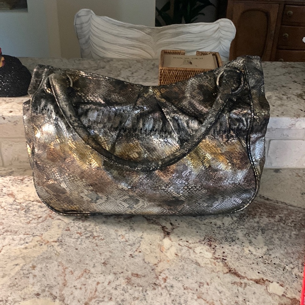 Beautiful Metallic Snakeskin Leather Posse in golds, silver & bronze. Top zip.